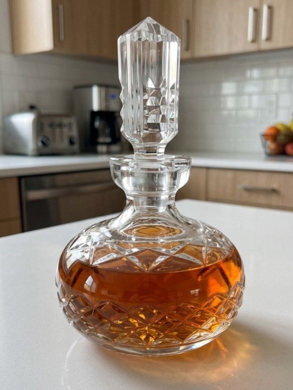 Vintage Crystal Mini Decanter Cut Glass Sunburst Base Barware Bottle 6" Tall
